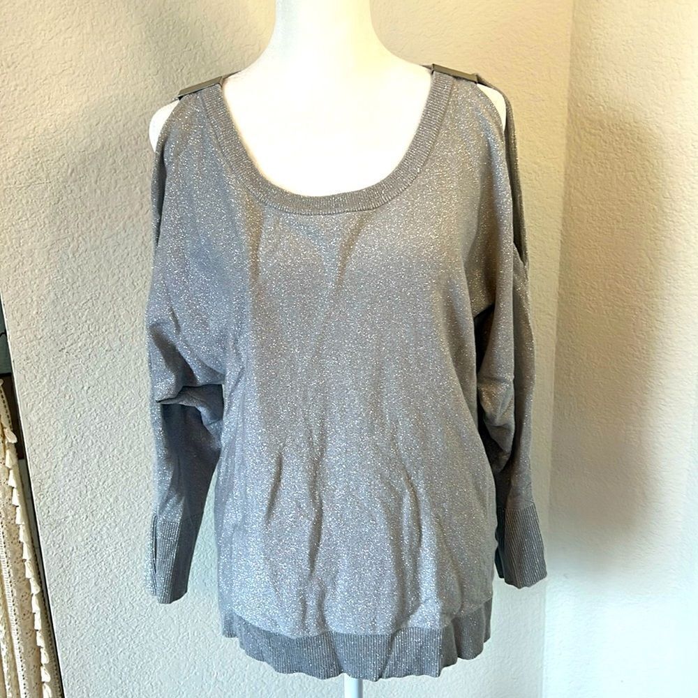 7th Avenue Design Studio Long Sleeve Cold Shoulder Silver Glitter Sweater ~ M